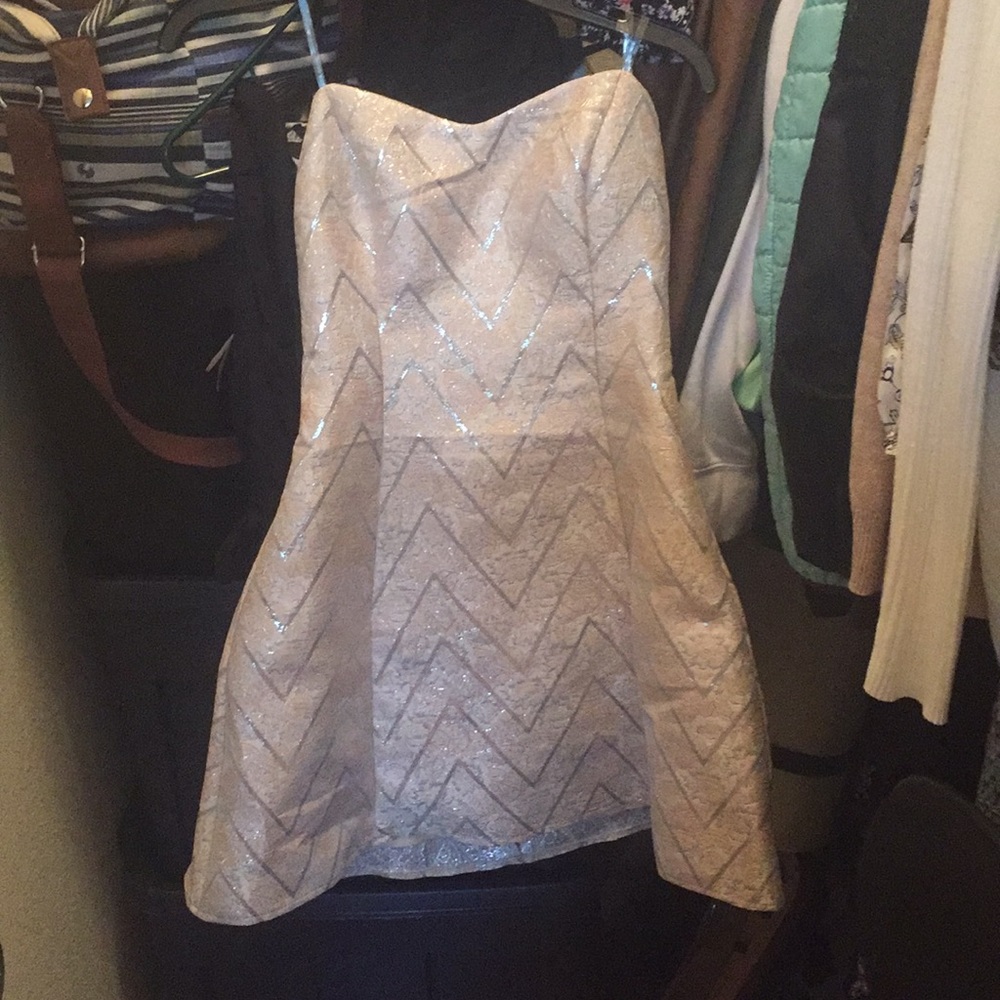 Strapless Peach and Silver Floral/Geometric Dress